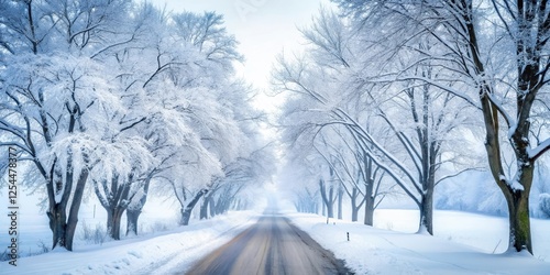 Snow-covered road on a cold winter day with bare trees in the background, winter wonderland scene , whiteout conditions