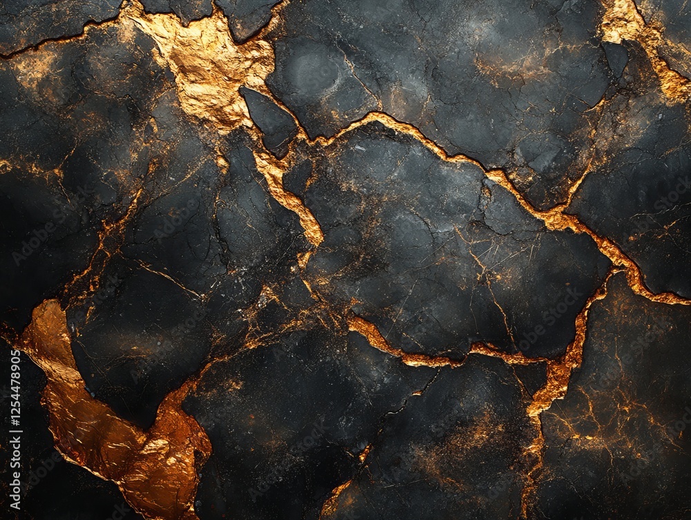 Fototapeta premium Abstract Black and Gold Marble Texture Cracked Stone Surface with Gilded Veins for Luxury