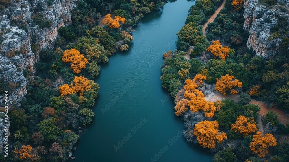 Obraz premium Aerial view of a serene river winding through vibrant autumn foliage and rocky cliffs