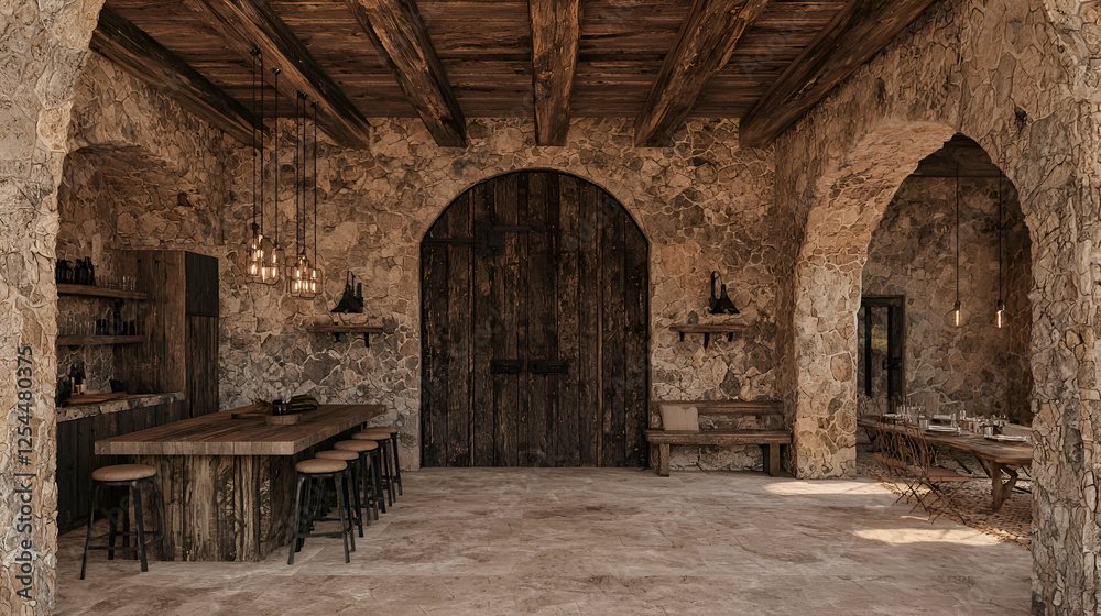 Fototapeta premium Rustic stone winery interior, tasting area, vineyard background