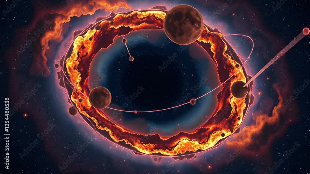 A cosmic scene depicting a fiery ring of gas and dust in space, with several planets orbiting around it. The vibrant colors and dynamic composition create a sense of motion and energy.