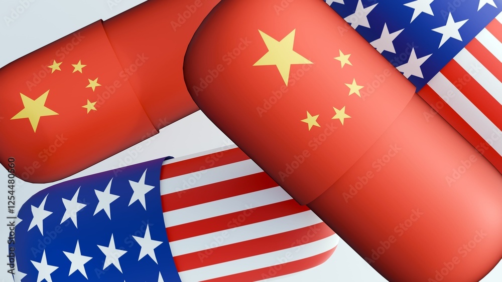 Fototapeta premium a 3D rendering of a capsule-shaped pill showcases the flag of United State of America and flag of China