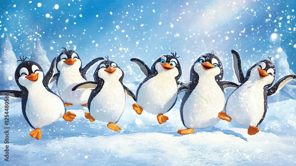 Fototapeta premium Playful Penguins Dancing in Snowy Winter Wonderland Scene