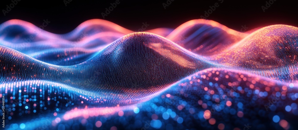 Fototapeta premium Abstract glowing data waves, digital landscape, vibrant colors, dark background, tech presentation