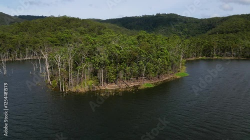 Left to right aerial views of Advancetown Lake near the Western Boat Ramp on the Gold Coast Hinterland. photo