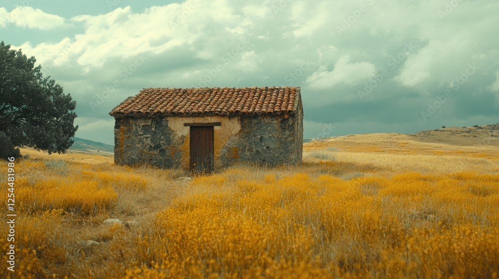 Rustic stone hut in golden field, stormy sky backdrop; rural landscape
