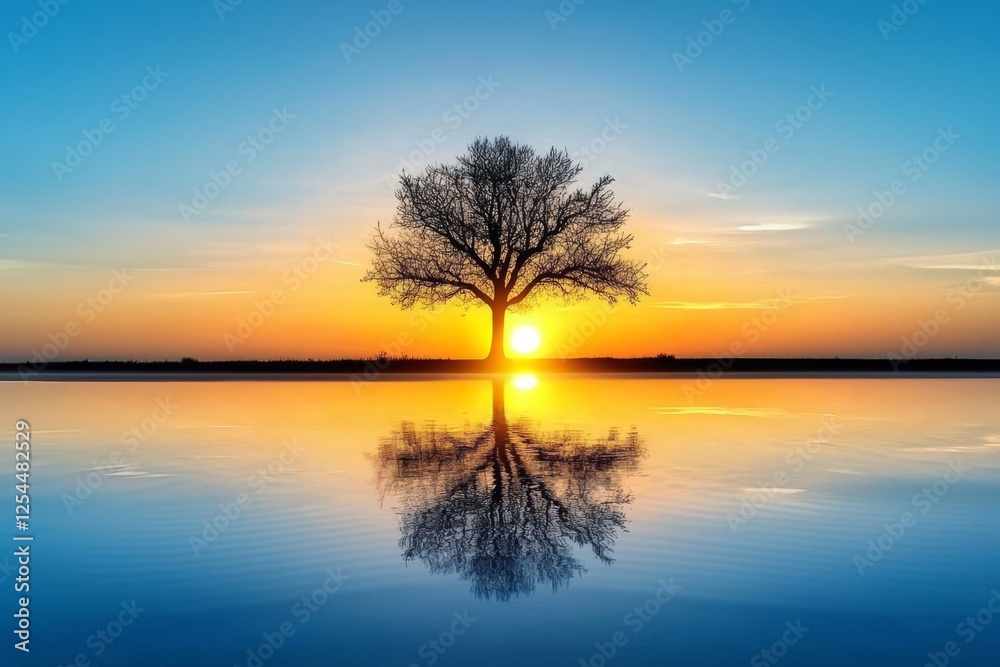 Peaceful Sunset Reflection with a Lone Tree Peaceful Sunset Reflection with a Lone Tree
