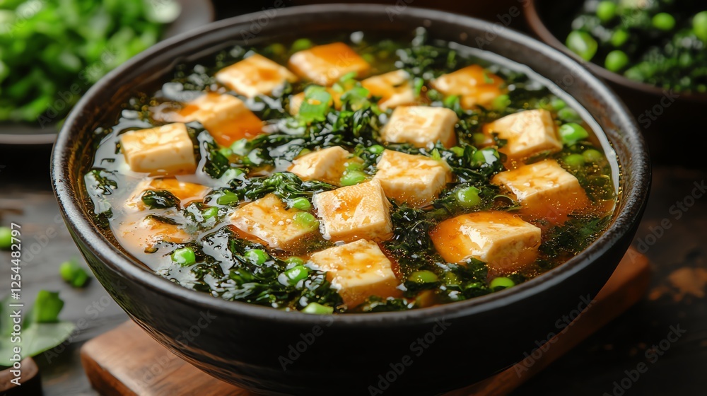 A vibrant bowl of steaming vegetable soup featuring tofu and fresh greens, providing a nutritious and hearty meal perfect for any occasion. A vibrant bowl of steaming vegetable soup featuring tofu and fresh greens, providing a nutritious and hearty meal perfect for any occasion.