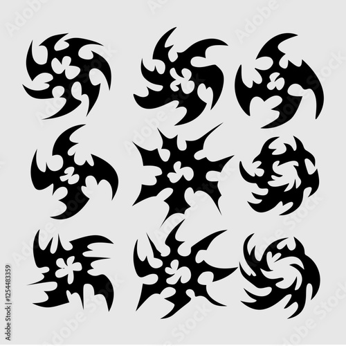 Set or shuriken Y2K style neo tribal element design, acid neo tribal shuriken tattoo design set