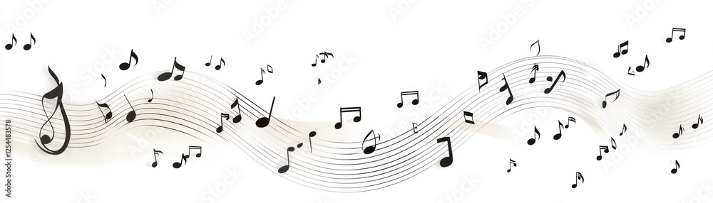 Musical notes flow, white background, website header Musical notes flow, white background, website header