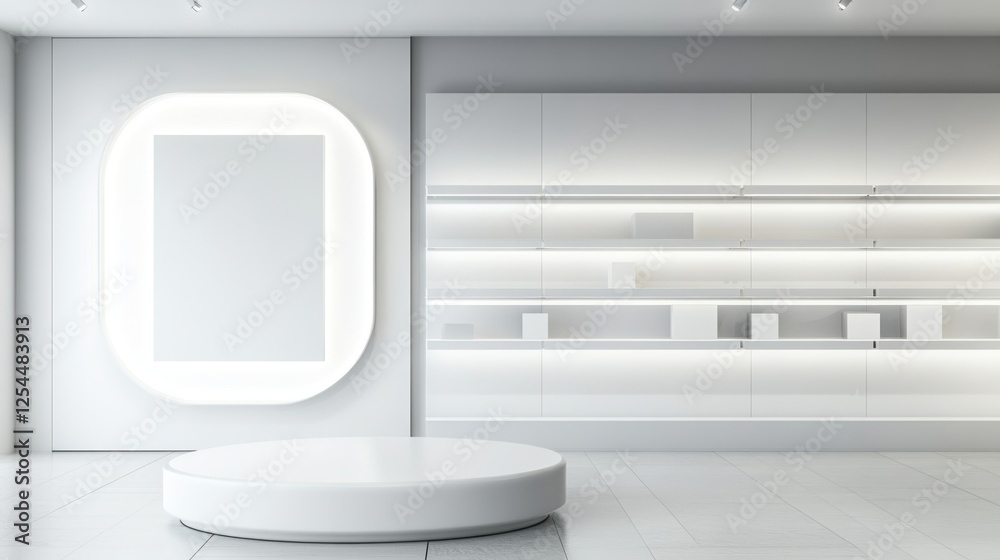Fototapeta premium Minimalist white store interior, display podium, shelves, background