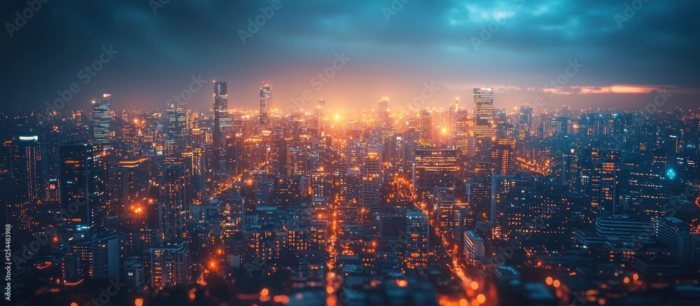 Fototapeta premium Night Cityscape Aerial View, Dramatic Sunset, Urban Sprawl, Background