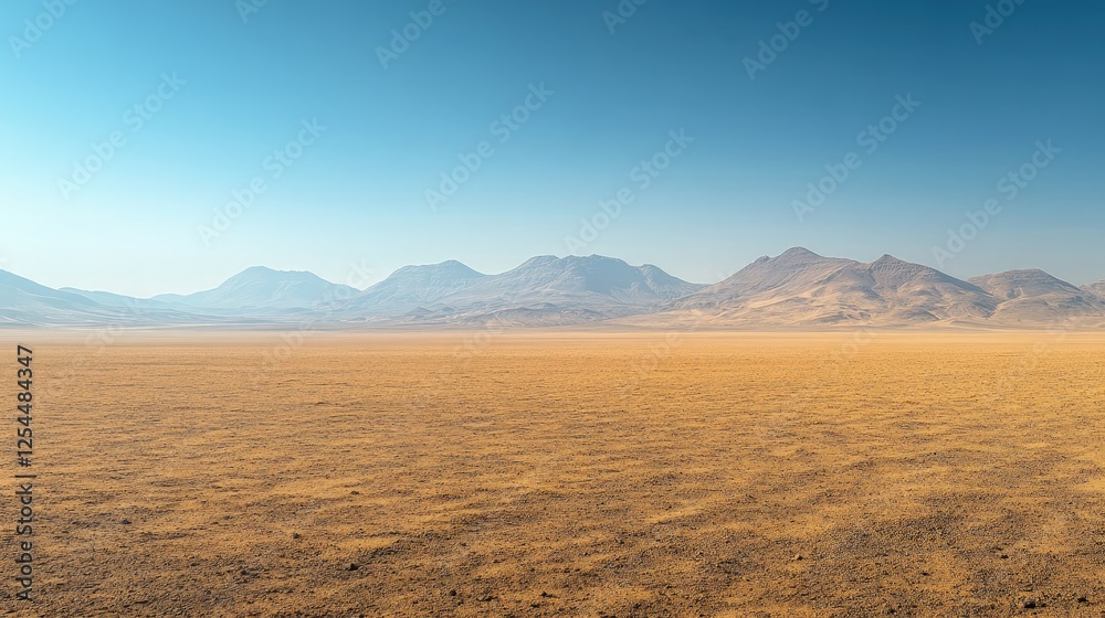 Fototapeta premium Expansive desert landscape with distant mountains under a clear blue sky, evoking tranquility
