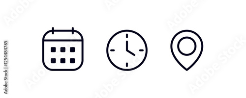 Address location icon. Stopwatch timer icon. Date Calendar icon - Web icons set