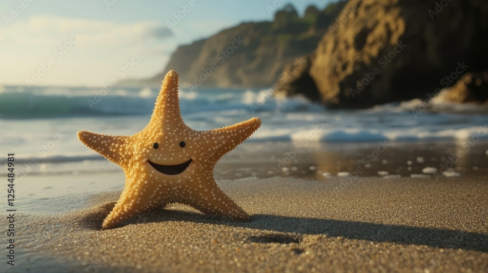 Smiling Starfish on Beach Shore with Waves and Scenic Background Smiling Starfish on Beach Shore with Waves and Scenic Background