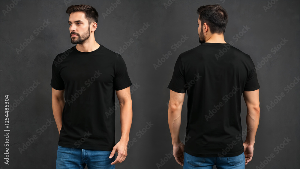 Naklejka premium Modern plain black tshirt mockup with male model front and back views for fashion show live