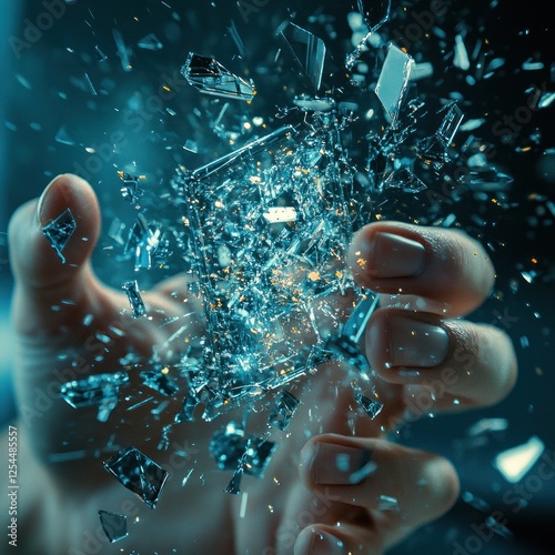 Hand crushing glass cube, dark background, digital art, destruction concept