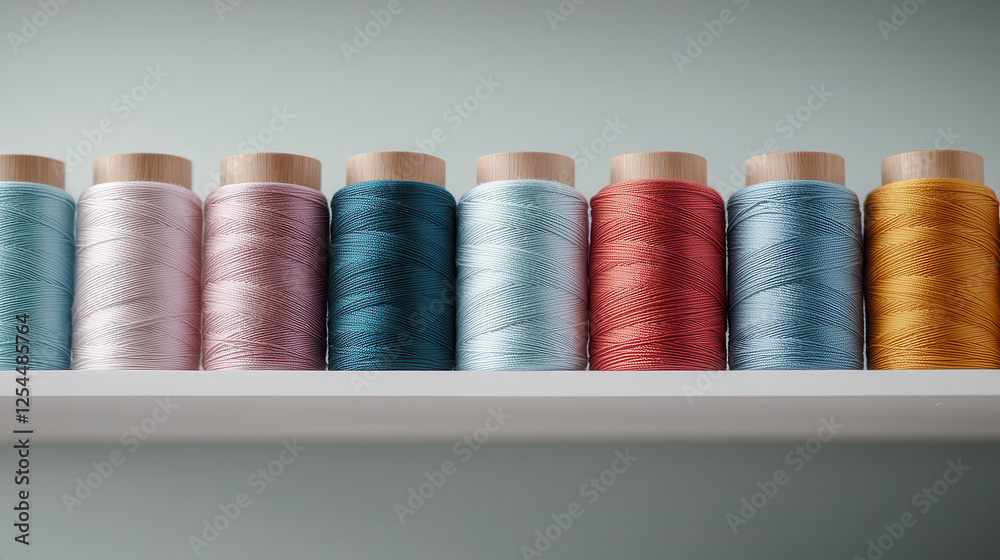 Colorful spools of thread arranged neatly on shelf, showcasing various shades. This vibrant display adds creative touch to any sewing space Colorful spools of thread arranged neatly on shelf, showcasing various shades. This vibrant display adds creative touch to any sewing space