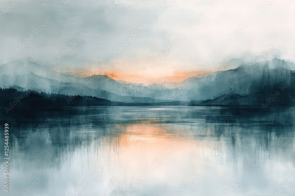 Misty sunrise lake, mountain reflection, calming art print Misty sunrise lake, mountain reflection, calming art print