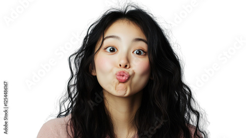 Young woman making funny face with inflated cheeks and puckered lips on transparent background