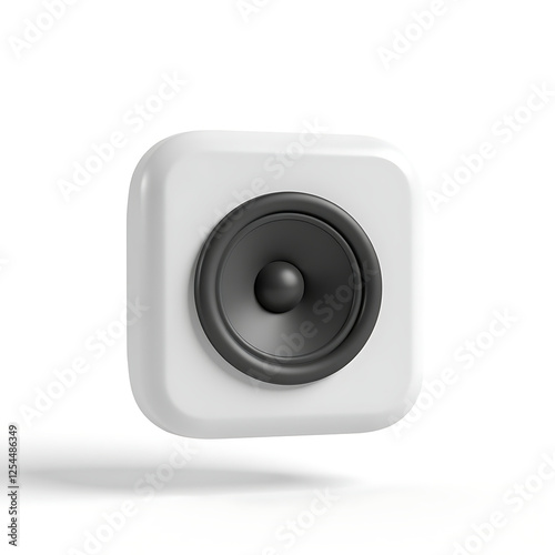 White, 3D, square speaker icon with a black speaker cone, isolated on white. Represents audio, sound, music, or volume. Simple, modern design. Suitable for apps, websites, and user interfaces