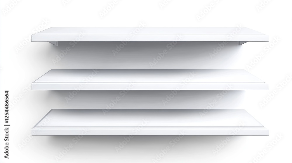 Empty white shelves against white wall; product display Empty white shelves against white wall; product display