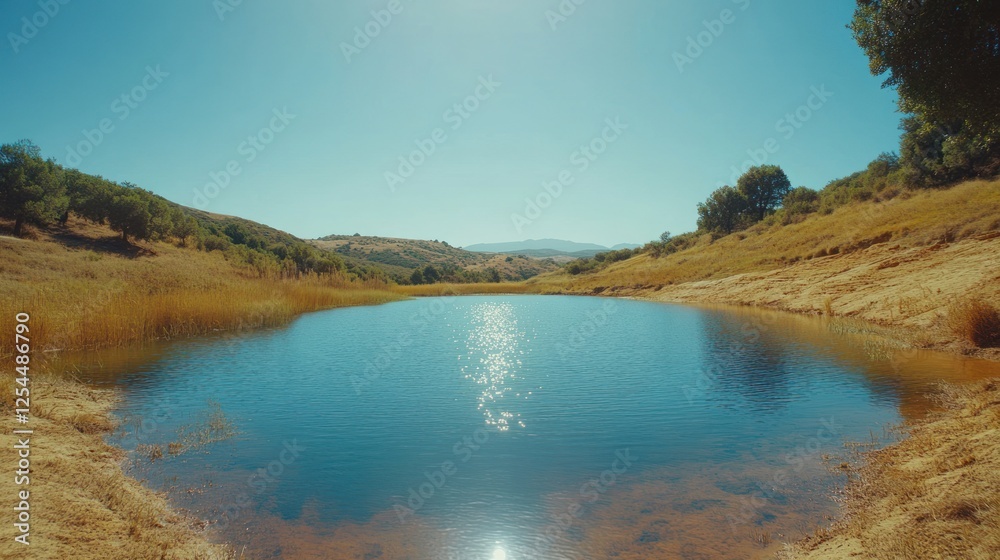 Naklejka premium Serene rural pond reflecting sun, dry hills background, idyllic landscape