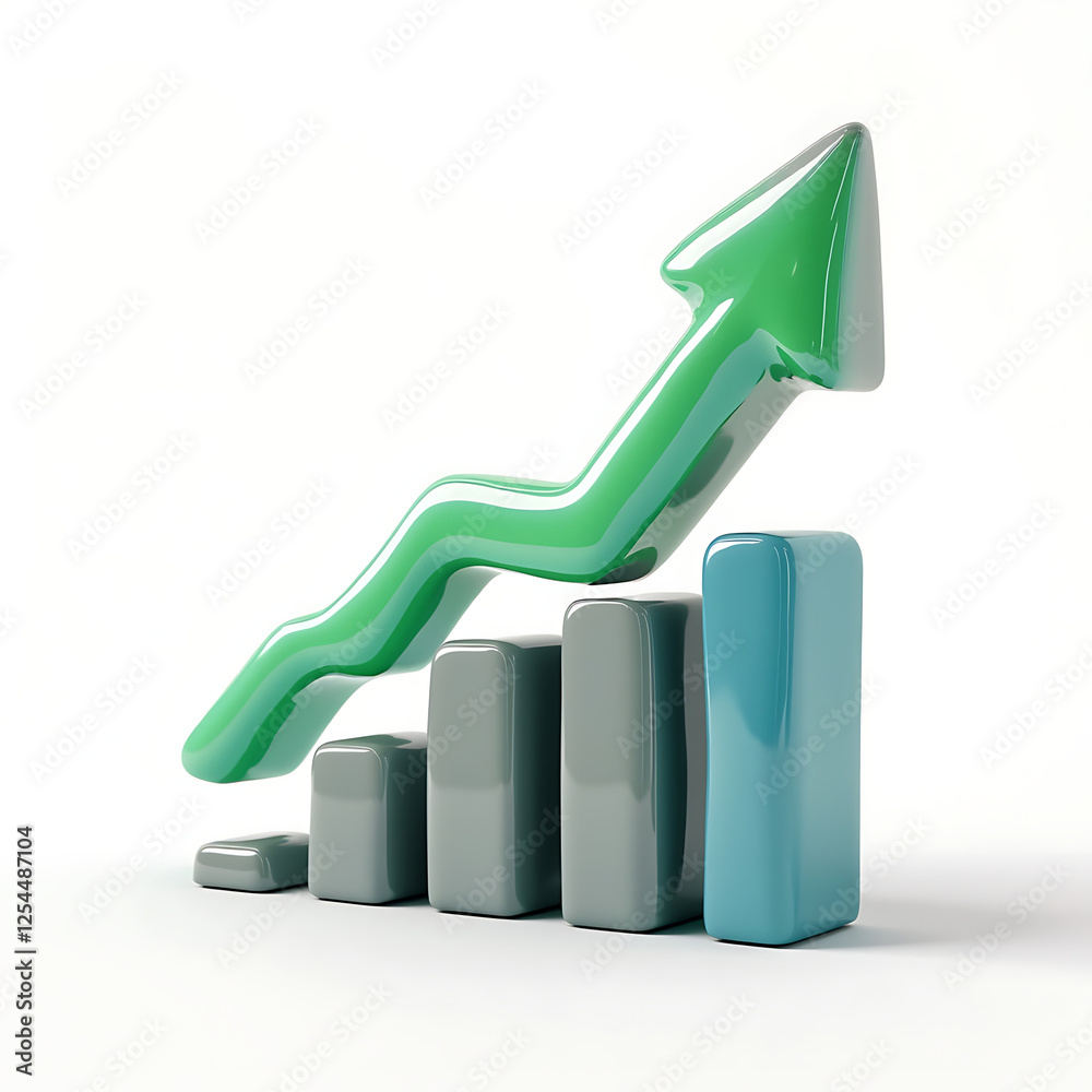 3D rendering of a green upward-trending arrow over a bar graph, isolated on white. Represents growth, success, progress, and positive financial trends. Suitable for business, finance.