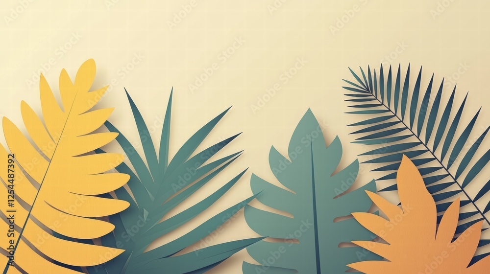 Naklejka premium Vibrant Collection of Colorful Paper Leaves in Green, Gold, and Orange Tones on a Soft Neutral Background for Artistic and Nature-Inspired Designs