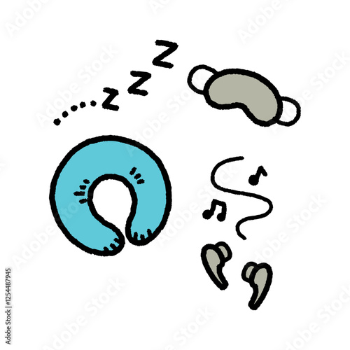 飛行機　睡眠　ネックピロー　アイマスク　イアホン　イラスト　セット