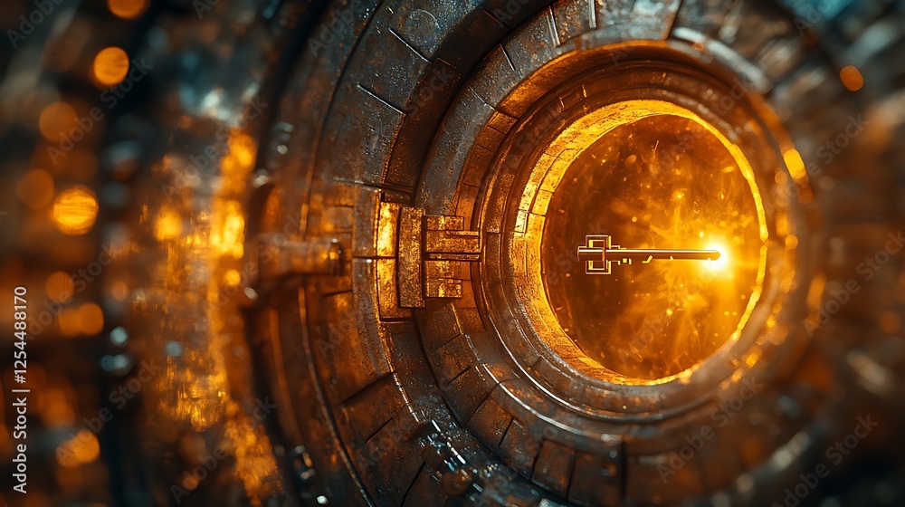 Obraz premium Close-up of vault door keyhole golden key inserted warm golden glow filling the frame