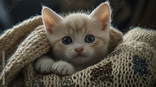 Adorable Cream-Colored Kitten Peeking from Cozy Knit Blanket
