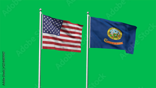 Idaho and American Flag together. High detailed waving flag of Idaho and USA. Idaho state flag. USA. 3D Illustration.