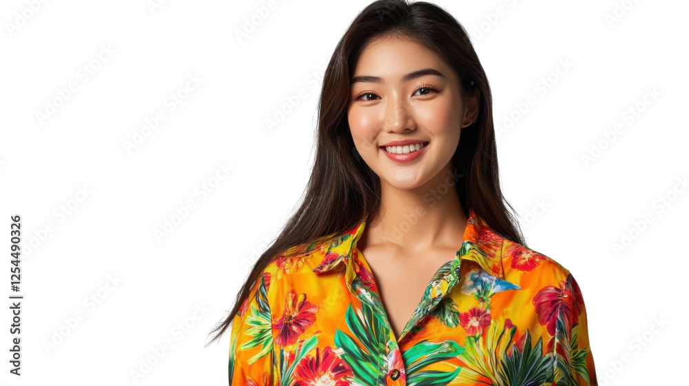 Young asian woman smiling wearing colorful shirt on transparent background Young asian woman smiling wearing colorful shirt on transparent background