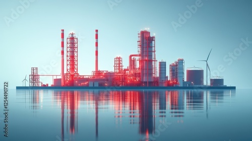 Red industrial complex reflecting on calm water, wind turbines in background, energy production illustration