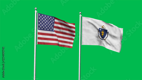 Massachusetts and American Flag together. High detailed waving flag of Massachusetts and USA. Massachusetts state flag. USA. 3D Illustration.
