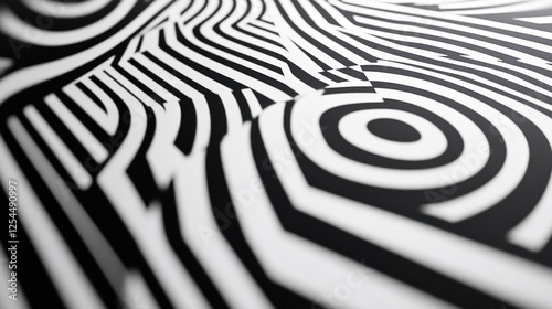 Abstract Black and White Optical Illusion: A mesmerizing interplay of lines and circles creating a dynamic visual experience.