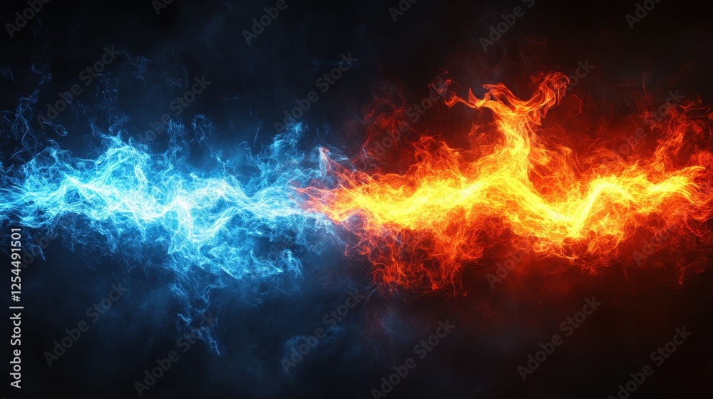 Fire and ice clashing, dark background, abstract energy Fire and ice clashing, dark background, abstract energy