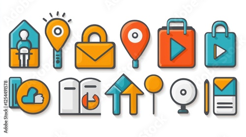 Collection of Colorful Flat Design Icons for Business, Media, and Navigation