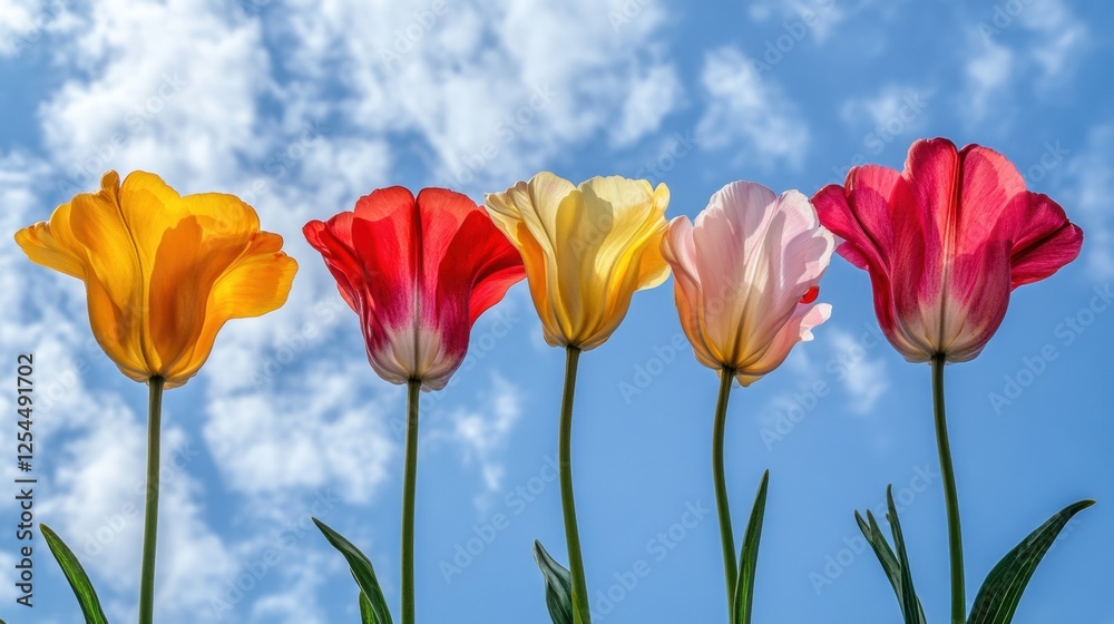 Colorful Tulips Blooming Under Clear Blue Sky with Soft Clouds on a Bright Spring Day Colorful Tulips Blooming Under Clear Blue Sky with Soft Clouds on a Bright Spring Day
