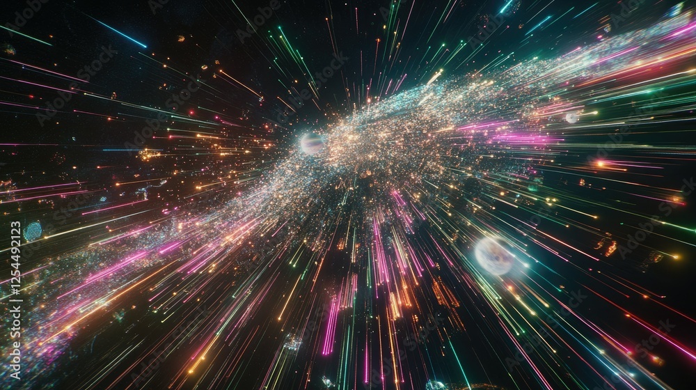 Vibrant Cosmic Explosion of Light in Space with Colorful Stars Vibrant Cosmic Explosion of Light in Space with Colorful Stars