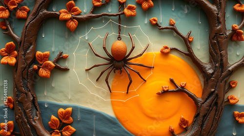 a uniquely shaped spider that spins a web between tree branches at sunrise