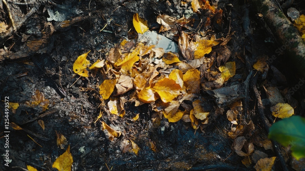 Yellow and orange dirty leaves mixed, shades of autumn spirit, a pile of dried leaves on the ground in the forest Yellow and orange dirty leaves mixed, shades of autumn spirit, a pile of dried leaves on the ground in the forest