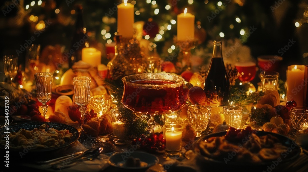 Festive Dining Table with Candlelight, Drinks, and Decorative Elements Festive Dining Table with Candlelight, Drinks, and Decorative Elements