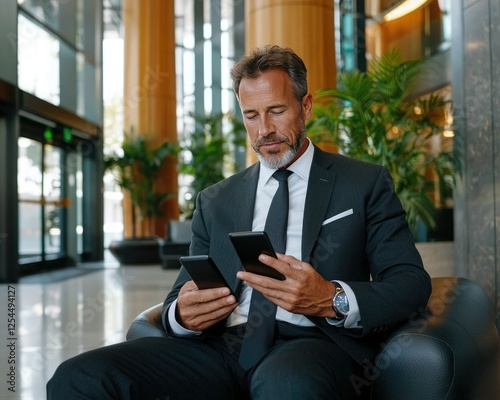 A well-dressed man sits in a modern lobby, comparing two smartphones while surrounded by greenery and sleek architectural elements.