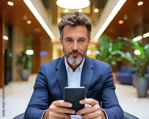 A well-dressed man with a beard sits in a modern indoor space, focused on his smartphone, surrounded by greenery and stylish decor.