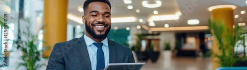 A smiling man in a suit holds a tablet, exuding confidence and professionalism in a modern, well-lit office environment filled with greenery.