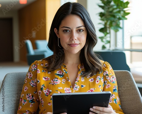 A woman in a floral blouse sits in a modern space, holding a tablet and looking at the camera with a serene expression.