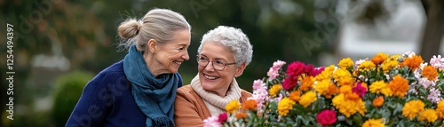 Two smiling elderly women share a joyful moment in a garden filled with vibrant flowers, exuding warmth and friendship.