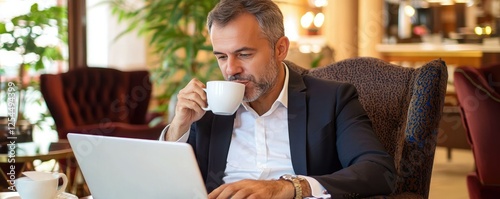 A man in a suit enjoys a cup of coffee while working on a laptop in a cozy, well-lit cafe setting.